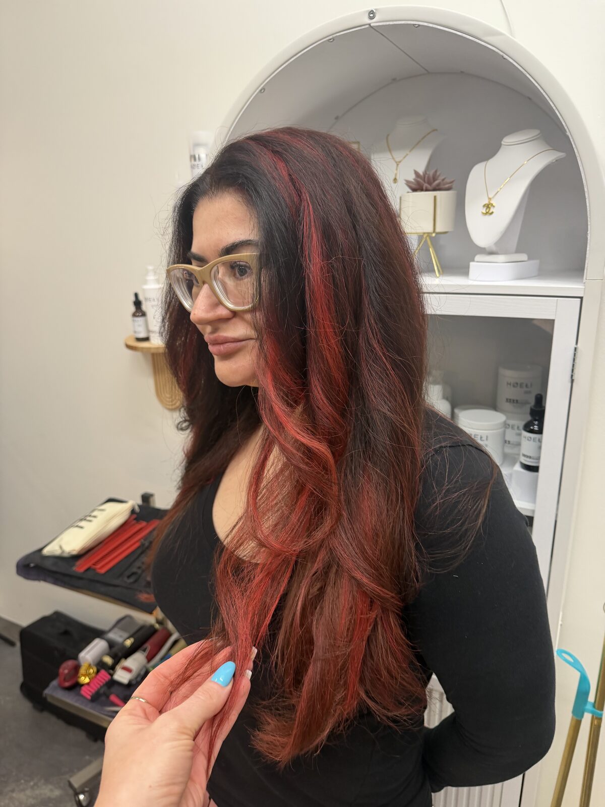 Deep cherry ribbons by Olena at Blond Transformation